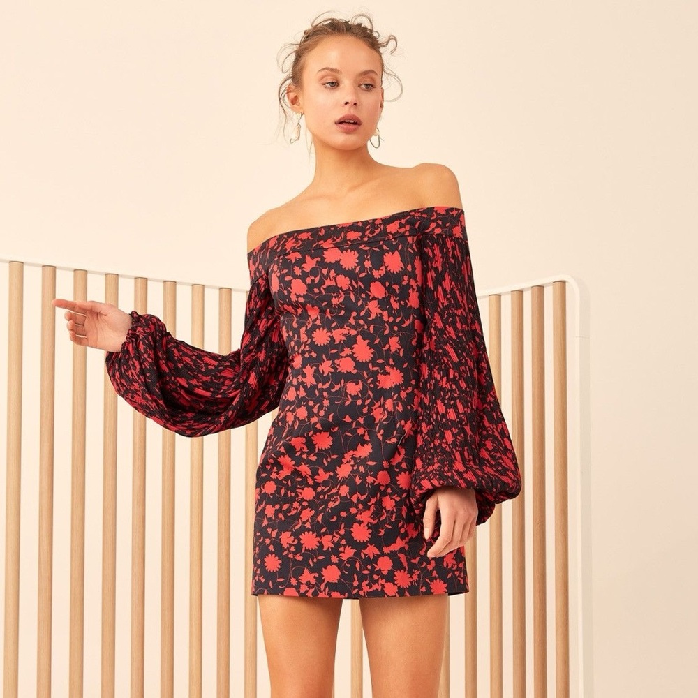 C/MEO Only With You Off-the-Shoulder Balloon Sleeve Floral Print Mini Dress